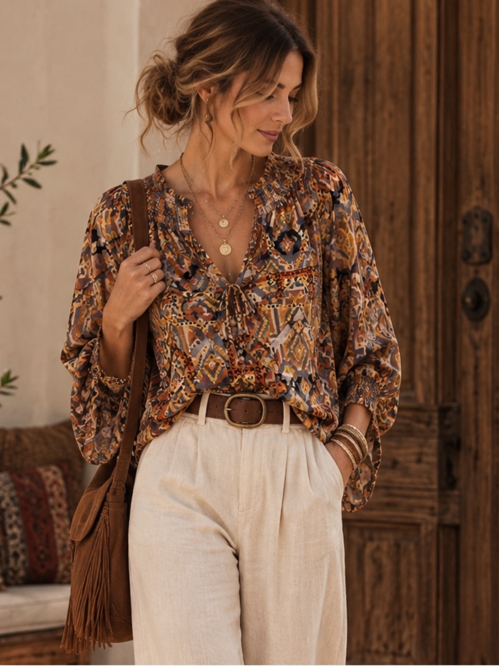 Dear John Brown Multi Printed V-Neck Peasant Blouse